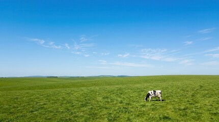 Cow grazing in green meadow field under blue sky for agriculture