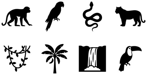 Naklejka premium Jungle Wildlife Vector Icons Set: Monkey, Parrot, Snake, Tiger, Toucan, Waterfall, Palm Tree, Vines - Silhouette Collection for Nature and Safari Designs