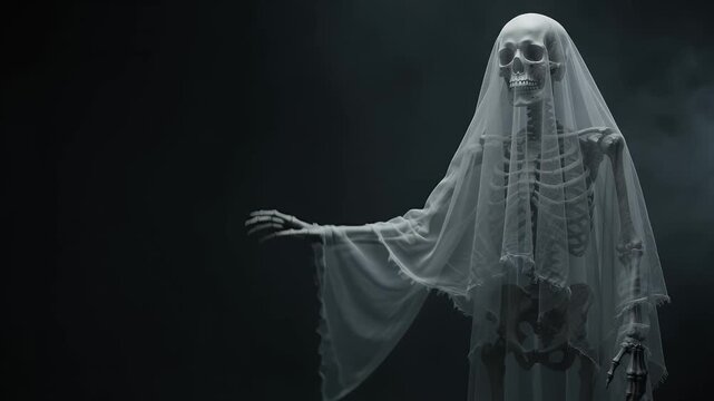 Halloween, skeleton and ghost bride in veil for spooky horror background, gothic death and scary afterlife. Dark, macabre and atmospheric mystery with smoke, bones and cemetery vibes for film clips