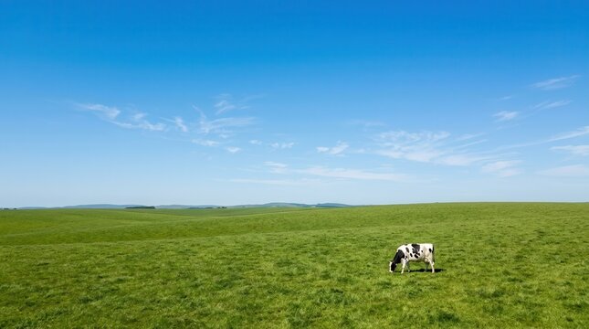 Cow grazing in green meadow field under blue sky for agriculture