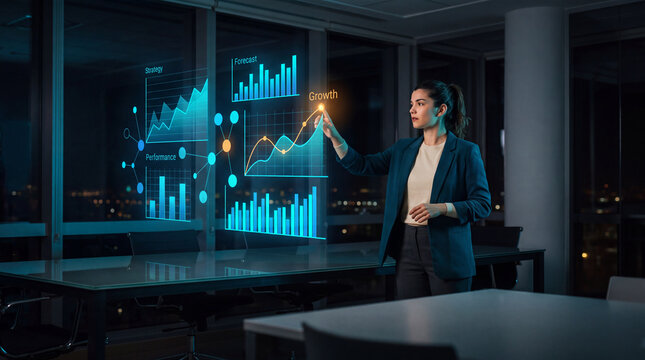 Executive reviewing a holographic strategy and forecast dashboard