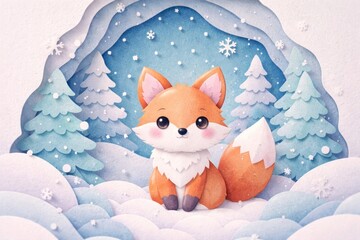 Naklejka premium Cute fox in snowy forest