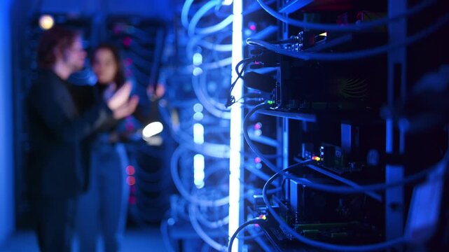 Two technicians discuss server maintenance in a dark, blue-lit data center, focusing on blinking lights and network cables.