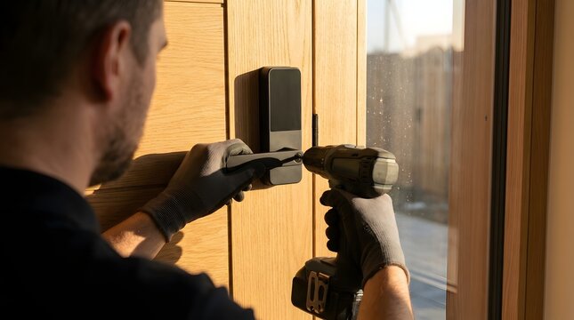 Technician installing smart electronic door lock on oak wood door using cordless drill with warm golden lights