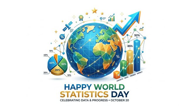 World Statistics Day Global Data and Statistical Analysis Illustration with Globe, Charts and Growth Arrow
