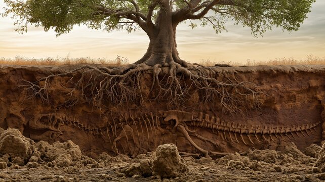 A cross section of the soil reveals a dinosaur skeleton buried beneath tree roots. Fossilized remnants in sedimentary layers are a concept in paleontology and geology.