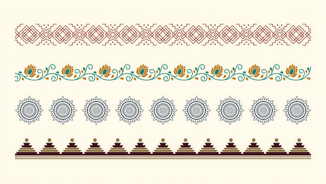 Four decorative borders with geometric, floral, and ethnic patterns isolated on a transparent background