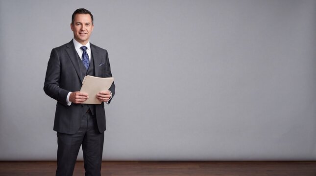 A confident man in a dark grey three-piece suit and blue tie holding a beige document ad social media download thambnail poster web template event festival 2026 2027 2028