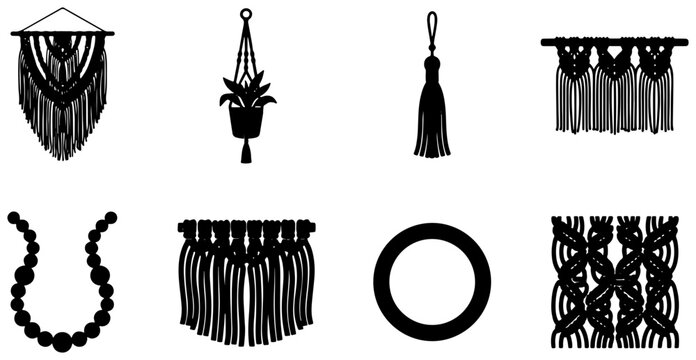 Macrame Craft Elements Collection, Bohemian Wall Hangings, Plant Hangers, Tassels, Beaded Necklace, Decorative Patterns, Vector Icons Set