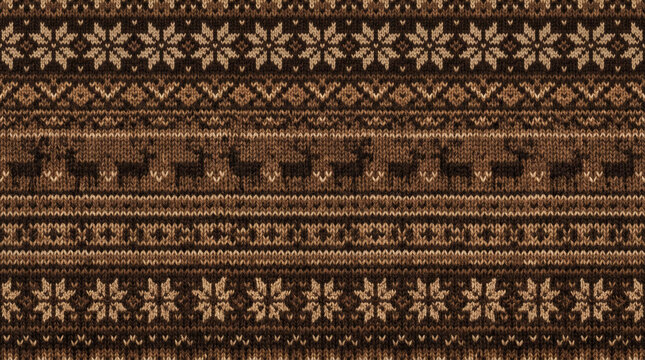 Seamless knitted Nordic pattern with reindeer, snowflakes, and geometric designs in brown and beige tones, traditional winter holiday fabric texture background.