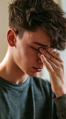 Fototapeta premium A teenage teenager was crying and dabbing at his tears. The idea of mental health and emotional suffering.
