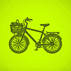 Stippled bicycle with front basket and rear rack vector illustration rendered in black dots on neon yellow background.