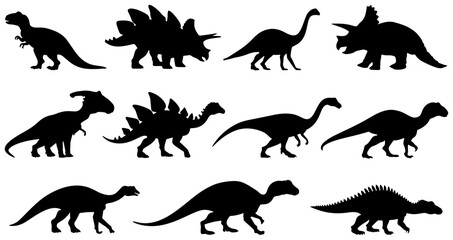 Dinosaur Silhouettes Collection, Prehistoric Reptile Vector Icons, Jurassic Era Creatures, Paleontology Graphics, Ancient Wildlife Set © Zubaraj