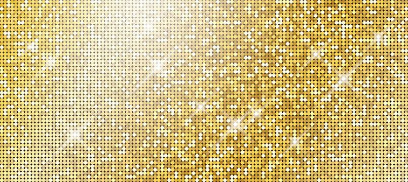 Yellow gold disco mosaic with round glitter and sequins, sparkling tile pattern, golden gradient, bright glamour bokeh texture, seamless shimmering png design