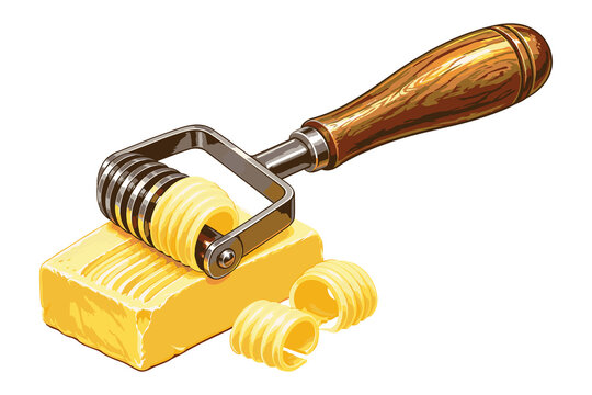 Vintage Butter Curl Maker with Wooden Handle and Metal Roller, Traditional Kitchen Utensil for Butter Decoration Isolated on White Background