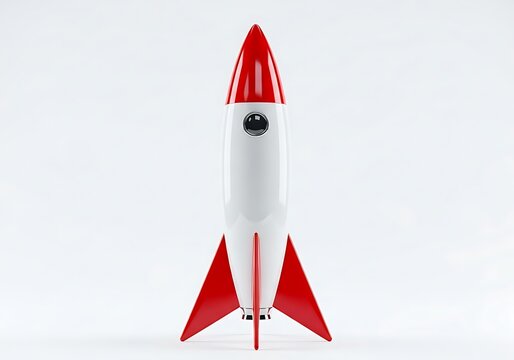 A red and white model rocket on a plain background