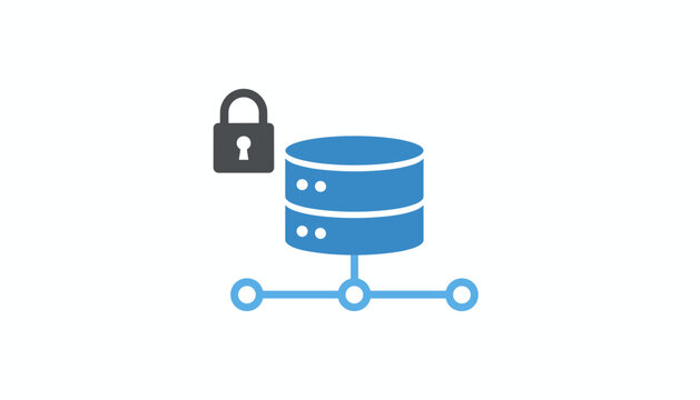 Blue database server network icon secured by a grey padlock to represent computer network protection and security.