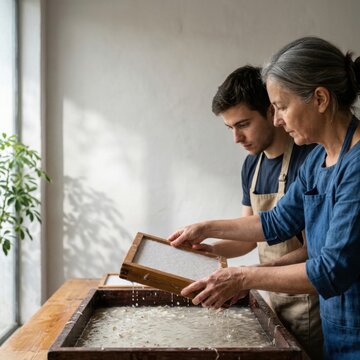 Individuals engaged in traditional paper-making process in a workshop