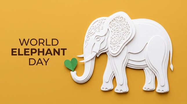 World Elephant Day greeting card, white paper cut elephant with green heart, wildlife conservation concept on yellow background