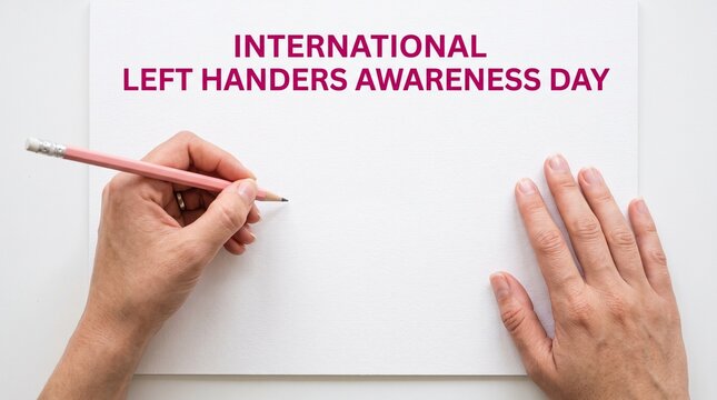 International Left Handers Awareness Day concept, left hand holding pencil on white paper, person writing on blank page