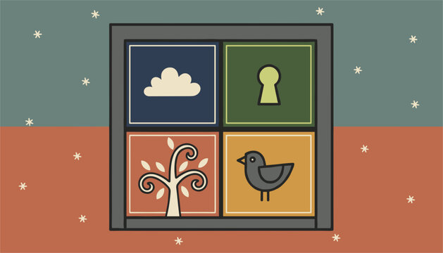 Cozy artistic window illustration showing four quadrants with simple symbols of a cloud, keyhole, tree, and bird.