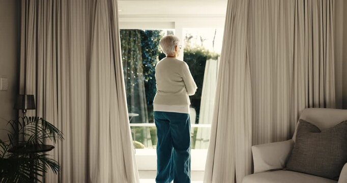 Thinking, open and old woman at window with curtains, daydreaming and chill mindset in morning. Retirement, back and senior person with reflection, getting ready and peaceful perspective in house.