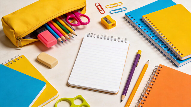 Colorful school supplies on white background