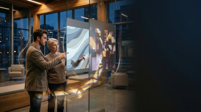 Man and woman discussing digital artwork in modern office environment