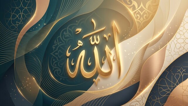 Luxurious islamic calligraphy of Allah in gold with ornate teal and beige patterned background calligraphy religion spirituality background