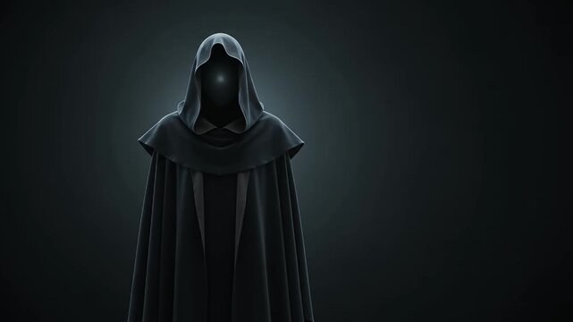 Grim reaper, hooded figure and ghost in darkness with cloak, mystery and scary halloween character. Mysterious person, sorcerer and phantom in black with robes, void and horror theme for movies set