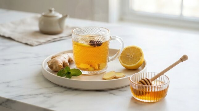 A glass cup of hot ginger tea with lemon and honey as a healthy food beverage on a white table