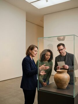 Museum guide presenting ancient pottery to visitors in a display case