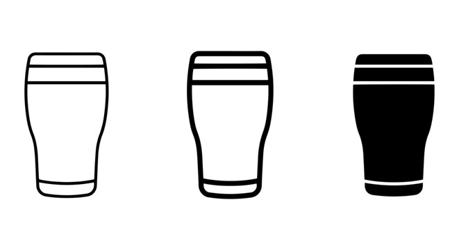 Pint Glass Icons, Beer Glasses, Beverage Drinkware, Simple Outline and Silhouette Vector Set