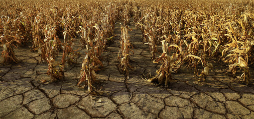 Fototapeta premium drought Agricultural dried corn plantation drought; concept of climate impact on agriculture Severe drought crop failure concept dry parched earth in dead agricultural field Cracked land soil