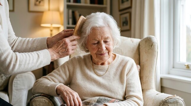 A caregiver gently brushing the white hair of an elderly woman sitting in a comfortable armchair.