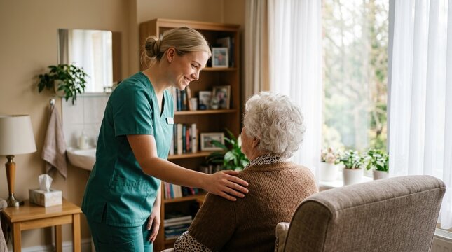 A compassionate caregiver gently comforting an elderly woman sitting in a chair at her home.