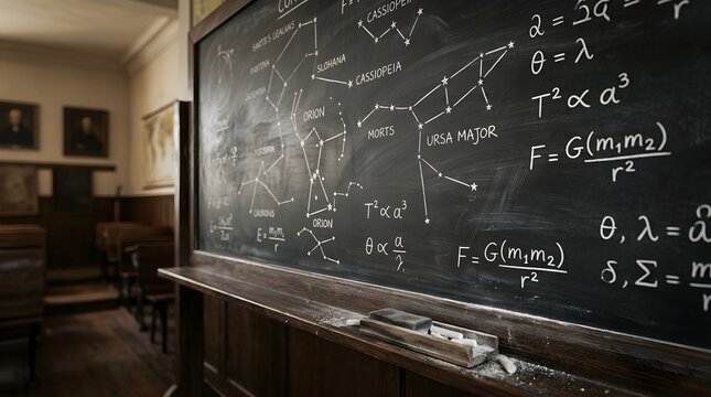Classroom with astronomical diagrams and equations on chalkboard