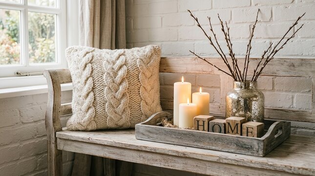 A cozy knitted pillow on a rustic wooden bench next to candles and a home sign on a wooden tray.