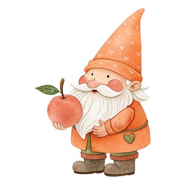 Detailed watercolor and pencil illustration of a cute garden gnome in an orange heart pattern hat holding a ripe peach isolated on a white background.