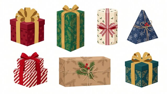 Premium Christmas gift box collection featuring unique geometric packages, ribbons, bows, stacked presents, eco wrapping, and luxury designs. Versatile editable vectors for holiday packaging.