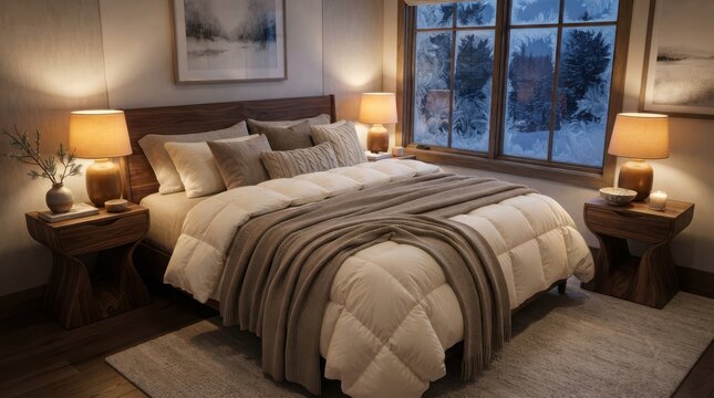 Cozy modern bedroom interior with a comfortable bed and warm bedside lamps at night