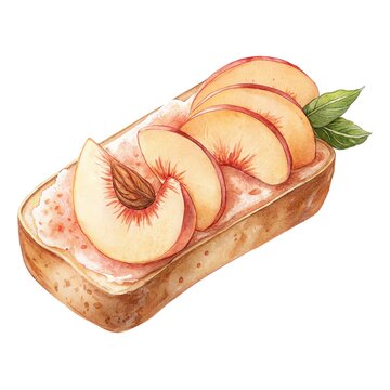Detailed watercolor and pencil illustration of a delicious sweet toast with peach jam and fresh ripe peach slices isolated on a white background.