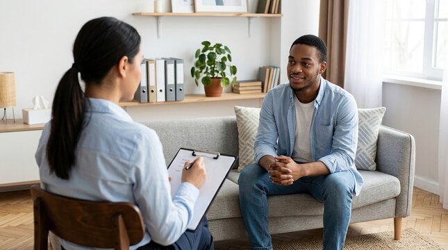 A man sitting on a couch during a professional therapy session with a counselor in an office.