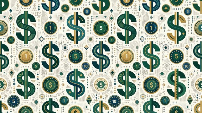 Dollar pattern features currency symbols repeating across a vintage green and beige background to represent modern financial wealth and global banking economies.