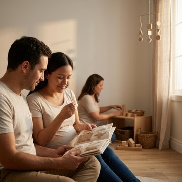 Couple reading to child in a cozy indoor environment promoting family literacy