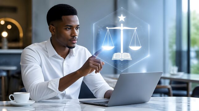 Law, lawyer and justice with hologram on laptop for legal research, court case and litigation advice. Professional, attorney and technology in office with digital scales, expert and advocate help