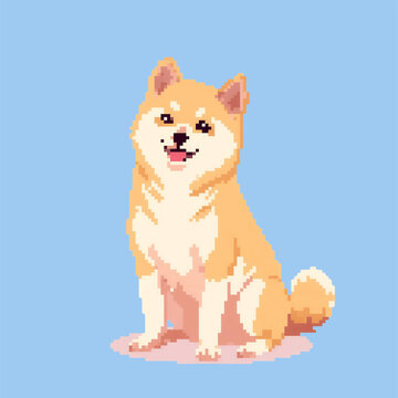 Shiba inu dog pixel art illustration for game asset blue background cute sitting alone potrait