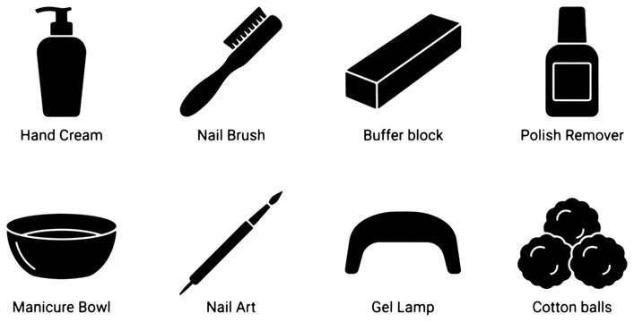 Nail Care Icons Set: Manicure Tools, Hand Cream, Polish Remover, Buffer Block, Cotton Balls, Gel Lamp, Nail Brush, Manicure Bowl, Nail Art Brushes