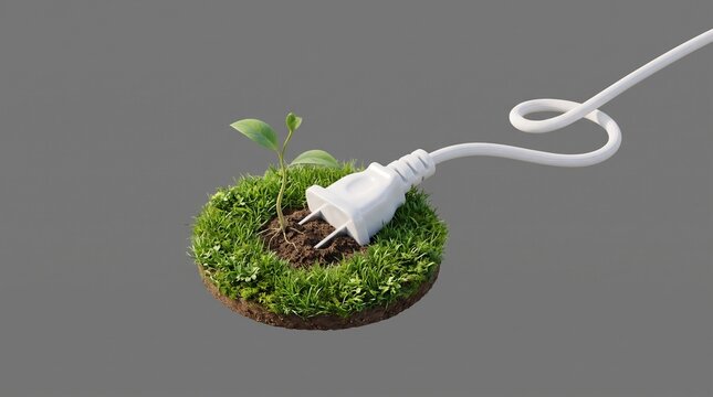 White electric power plug connected to soil patch with green grass and sprouting plant isolated on grey background representing renewable eco electricity and green energy consumption