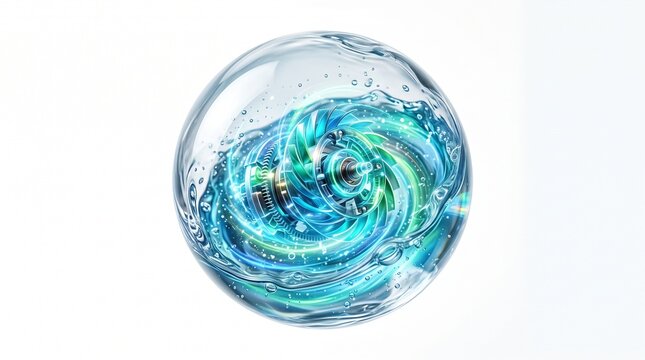 Futuristic water sphere with glowing hydro turbine inside isolated on white background representing clean hydroelectric energy water power and sustainable green technology
